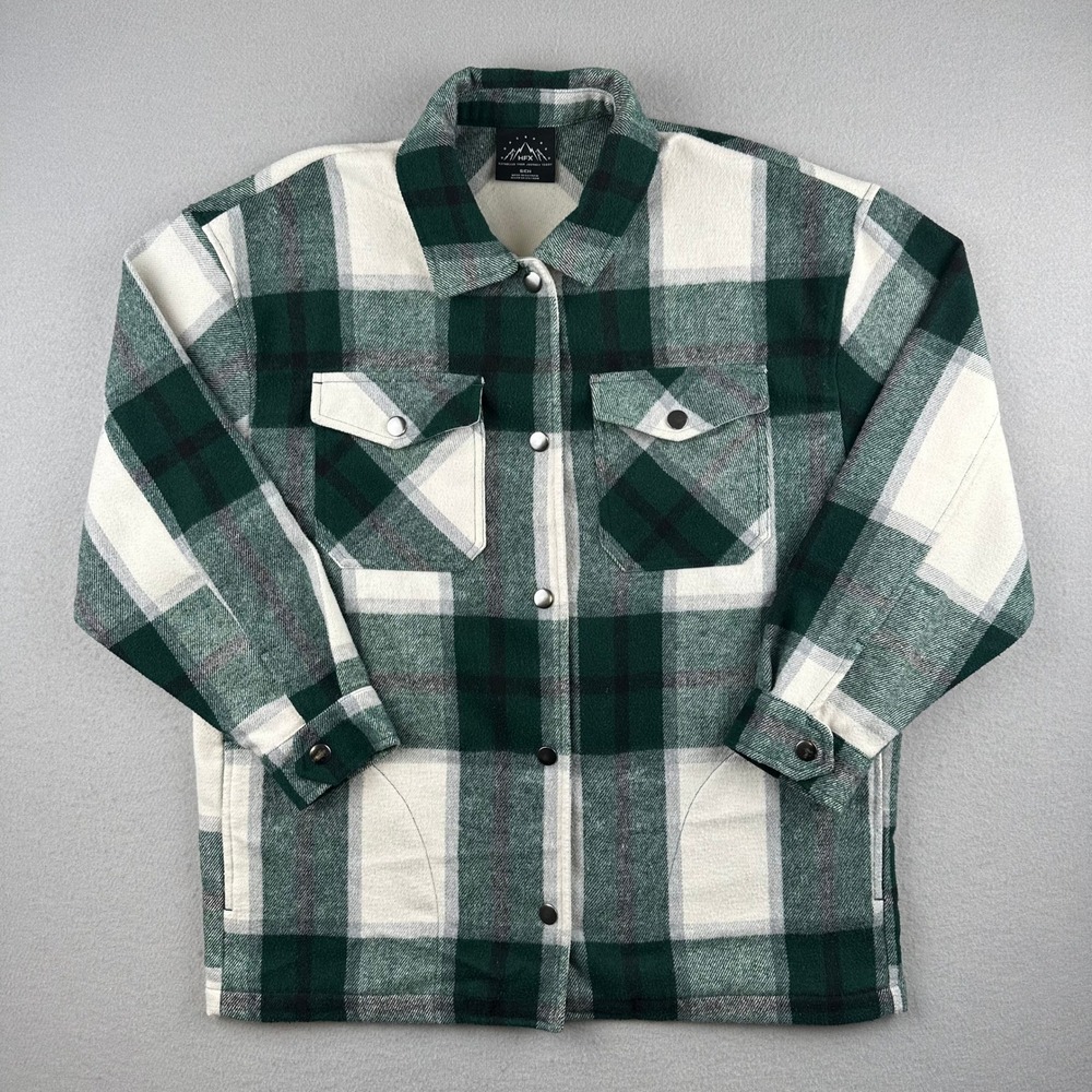 HFX Plaid Shirt Jacket Mens Small Green White Snap Front Shacket 1534711